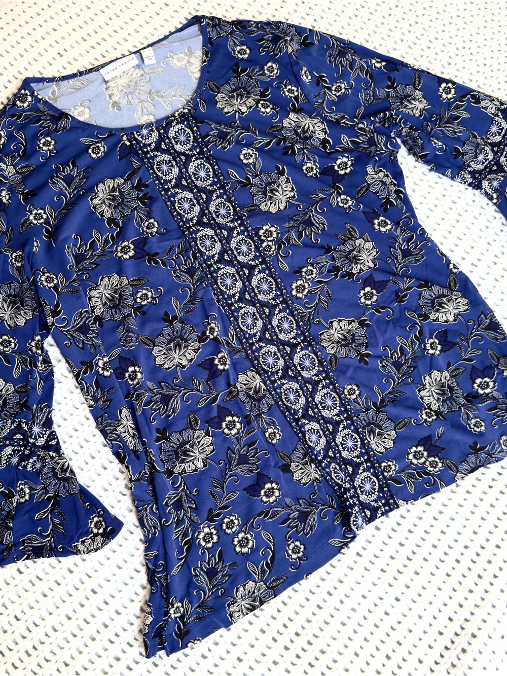 Susan Graver Printed Liquid Knit Top size XL royal blue QVC